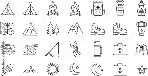 A versatile collection of minimalist line icons for outdoor recreation, featuring camping, hiking, travel essentials, and nature exploration, perfect for web and print design projects