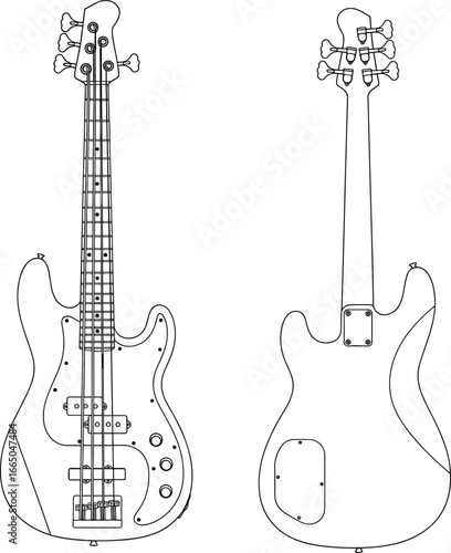 Electric bass guitar outline, musical instrument sketch, detailed guitar drawing, string instrument vector, modern bass design, front and back view, music gear illustration