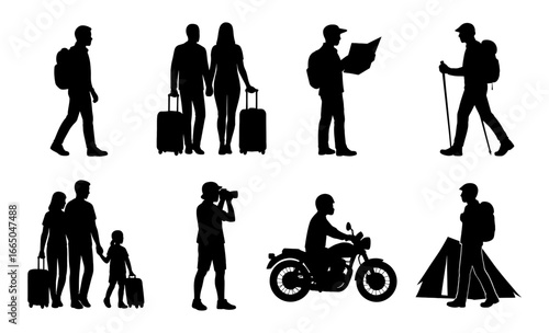 Silhouette set of travelers and adventurers with gear and luggage