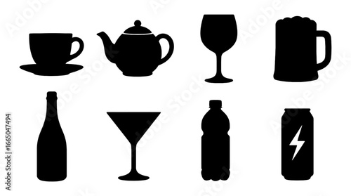 Silhouette collection of beverage containers including tea, coffee, and alcohol
