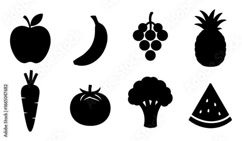 Collection of fruit and vegetable silhouettes on white background