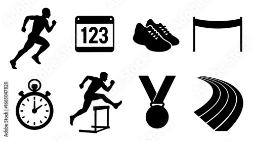 Athlete silhouettes and sports icons: running, racing, and track elements