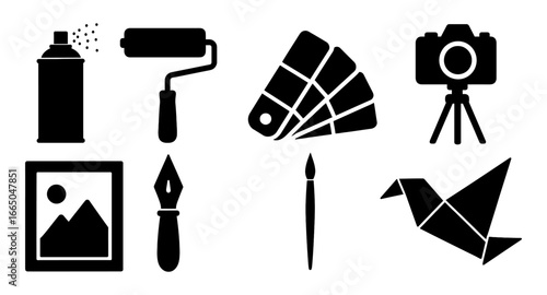 Creative tools and art equipment silhouettes: paint, camera, and origami icons