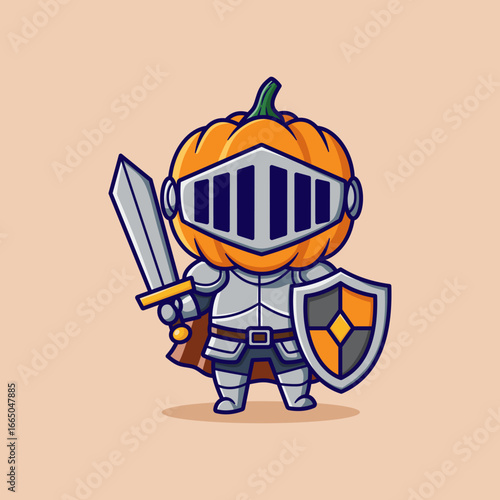pumpkin knight with sword and shield cute cool cartoon vector hand drawn