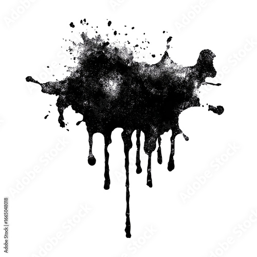 Artistic Bold Ink Splash with Dripping Edges and Splatter Effect Isolated on Transparent White Background