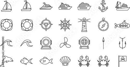 Collection of nautical icons and elements for design and decoration. Nautical themes