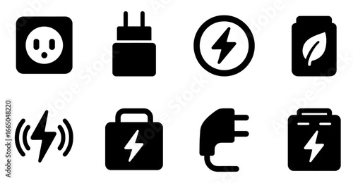 Set of energy and power icons in bold black minimal style