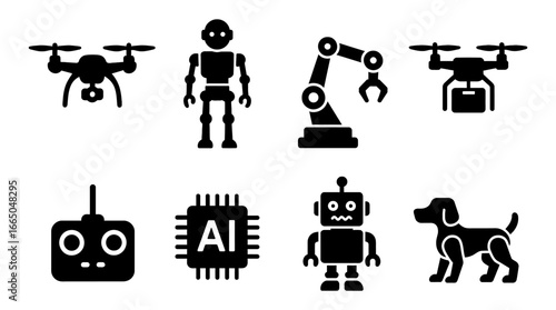 Silhouette icons of robots, drones, and ai technologies