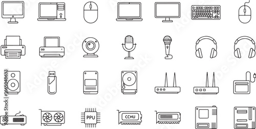 Modern digital technology devices and computer hardware outline icons collection, featuring essential electronic peripherals, internal components, and networking equipment for everyday use
