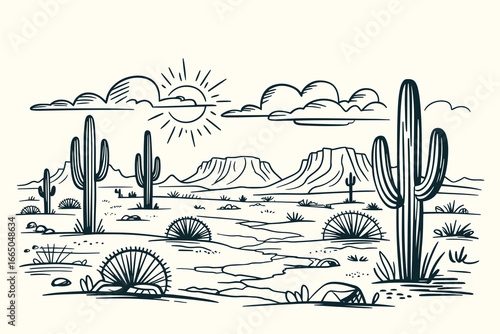 Black and White Vintage Western Desert Illustration with Saguaro Cacti, Mesas, Sun, Clouds, Rocks, Sketchy Ink Hand-Drawn Style