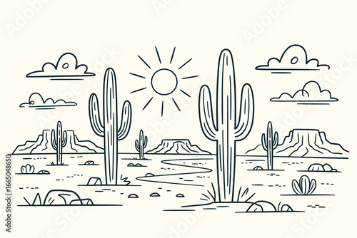 Black and White Vintage Western Desert Illustration with Saguaro Cacti, Mesas, Sun, Clouds, Rocks, Sketchy Ink Hand-Drawn Style