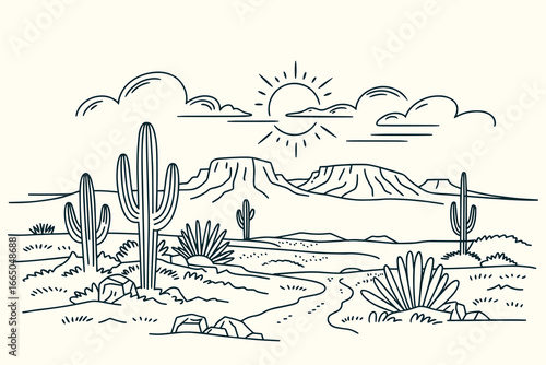Black and White Vintage Western Desert Illustration with Saguaro Cacti, Mesas, Sun, Clouds, Rocks, Sketchy Ink Hand-Drawn Style