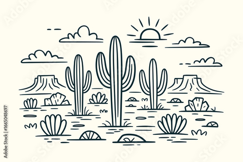 Black and White Vintage Western Desert Illustration with Saguaro Cacti, Mesas, Sun, Clouds, Rocks, Sketchy Ink Hand-Drawn Style