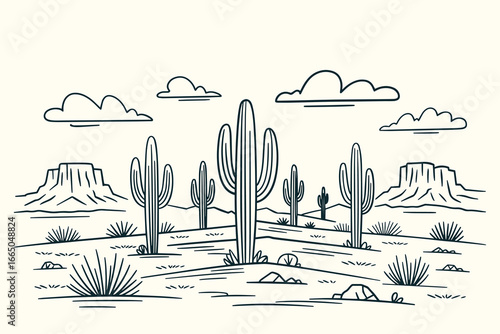 Black and White Vintage Western Desert Illustration with Saguaro Cacti, Mesas, Sun, Clouds, Rocks, Sketchy Ink Hand-Drawn Style
