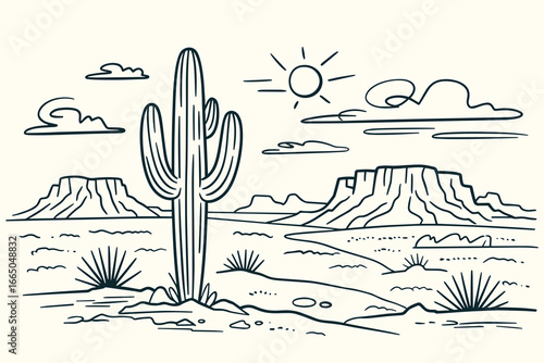 Black and White Vintage Western Desert Illustration with Saguaro Cacti, Mesas, Sun, Clouds, Rocks, Sketchy Ink Hand-Drawn Style
