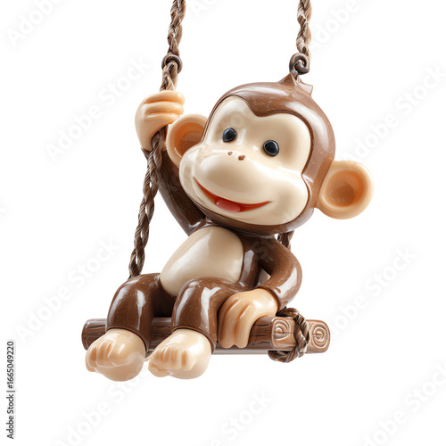 Cartoon Monkey Figurine Swinging 3D Render Playful Isolated on Transparent White Background