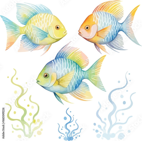 Watercolor illustration of three colorful fishes with seaweed on white