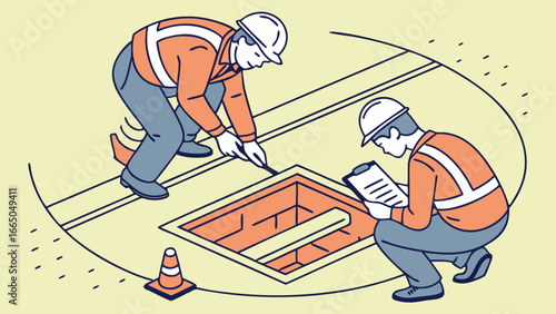 A team of professional technicians in safety gear conducting a thorough inspection and maintenance on an underground utility access point