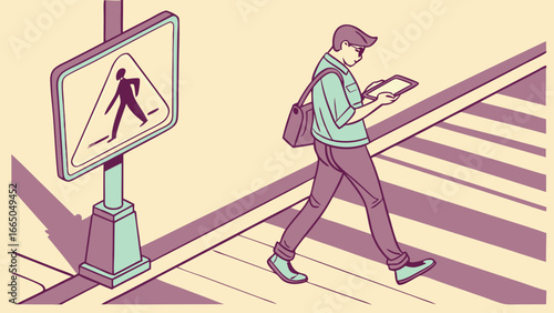 Conceptual illustration of a man dangerously distracted by his digital tablet while walking on a pedestrian crosswalk