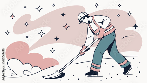 Worker with shovel cleaning snow, symbolic illustration of winter maintenance and urban clearing