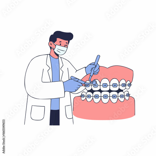 Dentist adjusting dental braces on model teeth in clinic setting, isolated on white background    