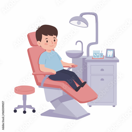 Child patient sitting in dental chair at clinic with equipment, isolated on white background     