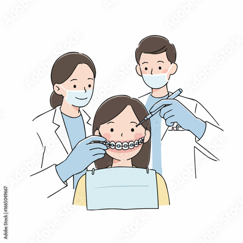 Dental professionals adjusting braces on young patient in clinic, isolated on white background     