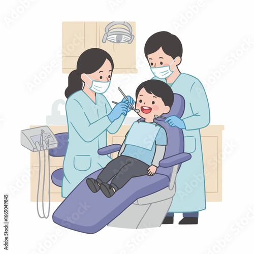 Child patient receiving dental care from professionals in clinic,  isolated on white background   