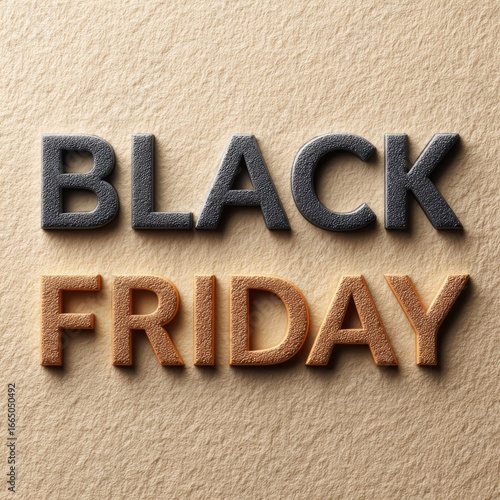 Black Friday promotional materials featuring textured letters on a neutral background