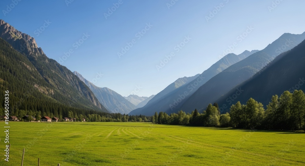 Obraz premium Green Meadow in the Alps under Clear Blue Sky