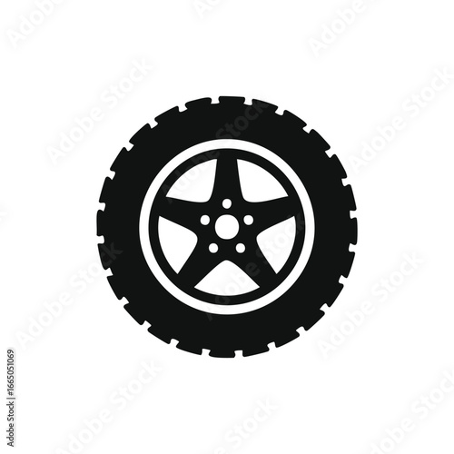 Black automobile tire with five spoke wheel vehicle transportation