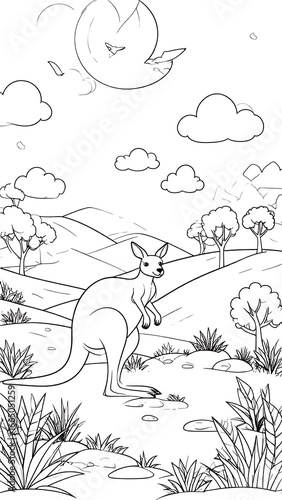 Coloring page of a kangaroo in a landscape