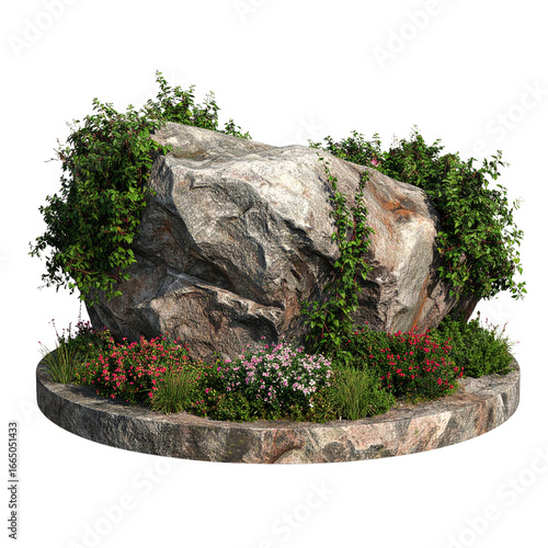 Cutout rock surrounded by plants. Decorative shrub for landscaping. Clipping mask available for composition.