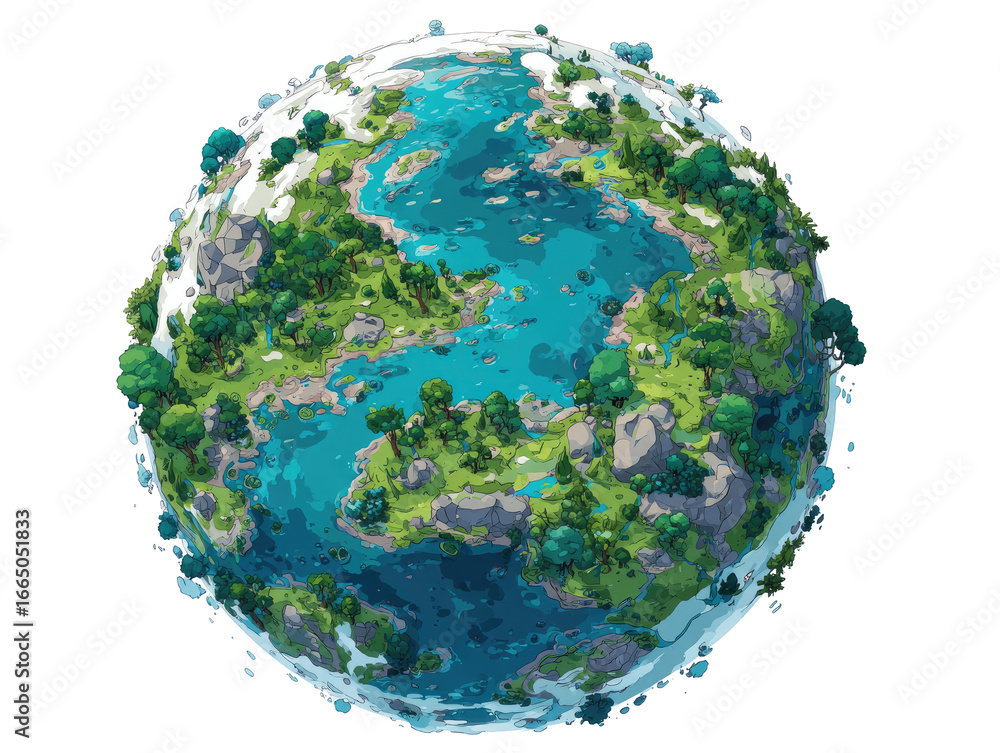 Fototapeta premium Stylized globe, stylized Earth, with diverse landscapes. Dense forests, watery regions, icy caps, and rocky outcrops