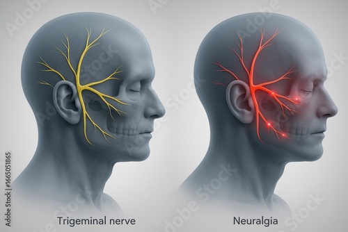 Side-by-side 3D render of two human heads in profile. Left shows smooth intact trigeminal nerve in yellow, right highlights nerve in red with glowing nodes along path, symbolizing trigeminal neuralgia