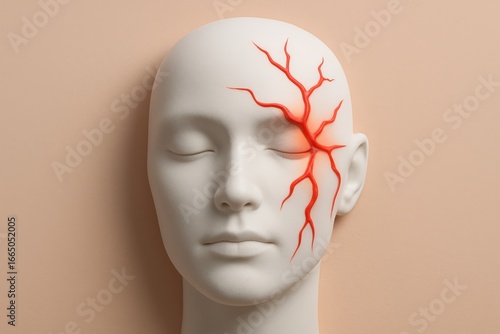Conceptual 3D render of smooth white mask-like human face with red lightning streaks radiating across one side along trigeminal nerve path, symbolizing electric shock pain of trigeminal neuralgia