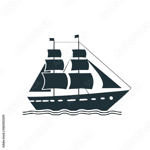 Dark blue sailing ship with full sails on wavy water vessel boat