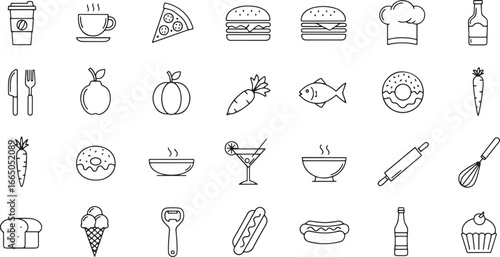 Set of Line Icons Representing Food and Drink Items, Kitchen Utensils, and Culinary Concepts