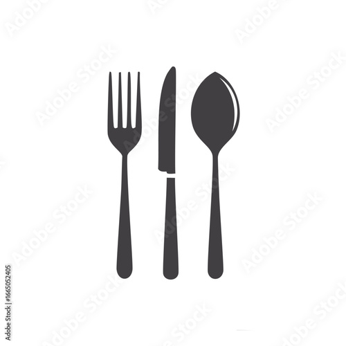 Dark gray fork knife and spoon silhouettes on white cutlery silverware