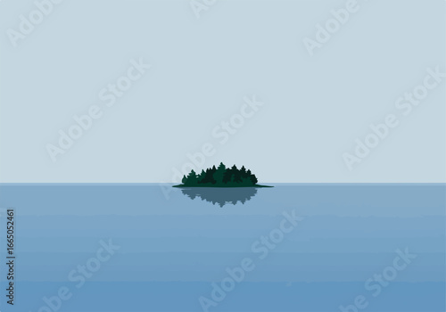Island trees reflect in calm lake under bright sky. Simple, peace, isolation