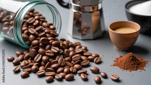 Rich coffee beans spill from glass jar, surrounded by coffee maker, ground coffee, and sugar. scene evokes warmth and comfort