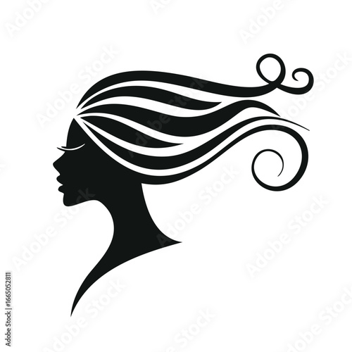 Elegant black silhouette of a woman with flowing wavy hair female profile