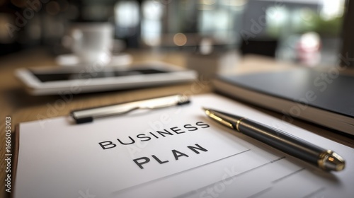 Wallpaper Mural Business plan document on a desk with a pen, notebook, tablet, and coffee cup, representing strategy and success Torontodigital.ca