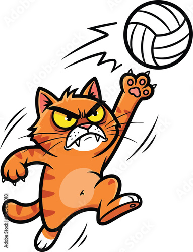 Funny Volleyball Cat PNG | Cute Cartoon Kitten Spiking Ball Vector Clipart for Sports Fans