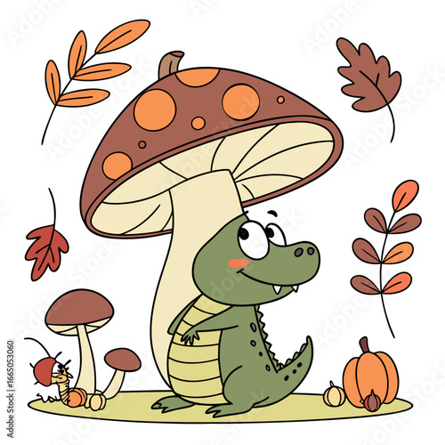 Whimsical Crocodile feeling Bashful in a Thanksgiving setting with under a mushroom – colored in Harvest Blessings