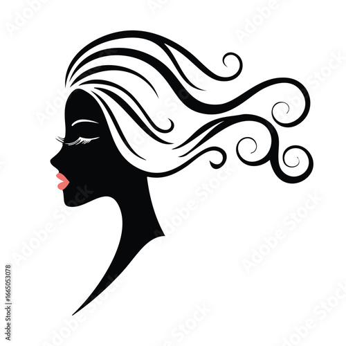 Elegant woman profile with flowing hair and pink lips silhouette black