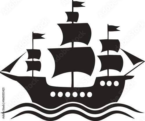 Black silhouette of a sailing ship on waves white water