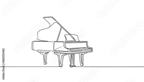 A single continuous line drawing of a grand piano against a plain white background.