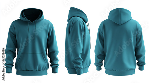 Realistic teal colour hoodie apparel mock-up front view. Side view and back view template. Fashion design and clothing presentation.