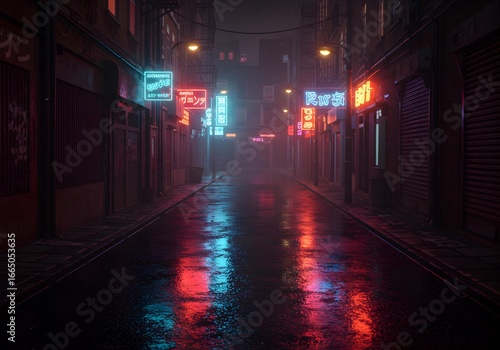 Atmospheric wet street at night with glowing neon signs and their reflections on the rainy pavement, capturing a vibrant, moody cyberpunk aesthetic.